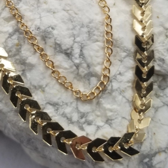 Double Layer Necklace Fish Bone and Chain Goldtone - Picture 3 of 3